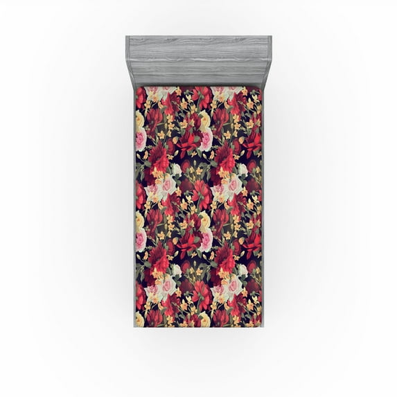 Ambesonne Rose Print Fitted Sheet, Delicate Flowers Scene, Twin XL Size, Dark Coral Mustard Rose