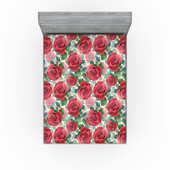 Ambesonne Rose Print Fitted Sheet, Watercolor Floral Boho, Queen Size, Dark Pink Green and Blue