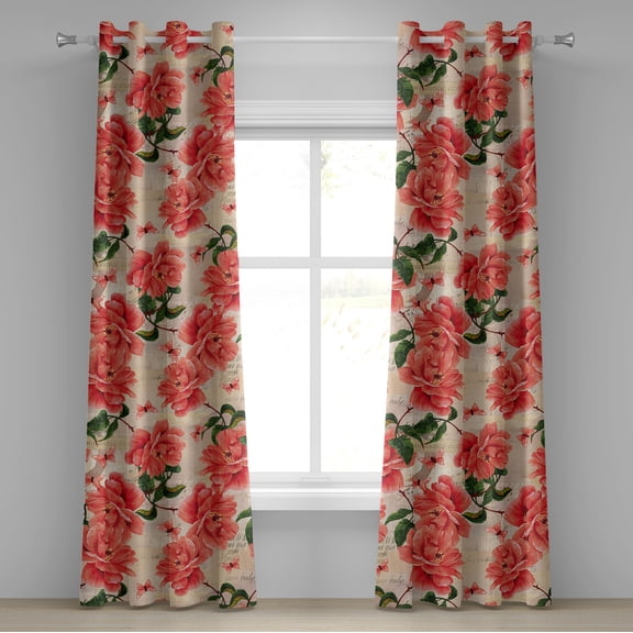 Ambesonne Rose Print Grommet Curtain, English Flowers Romantic, 50"x84", Dark Coral Forest Green