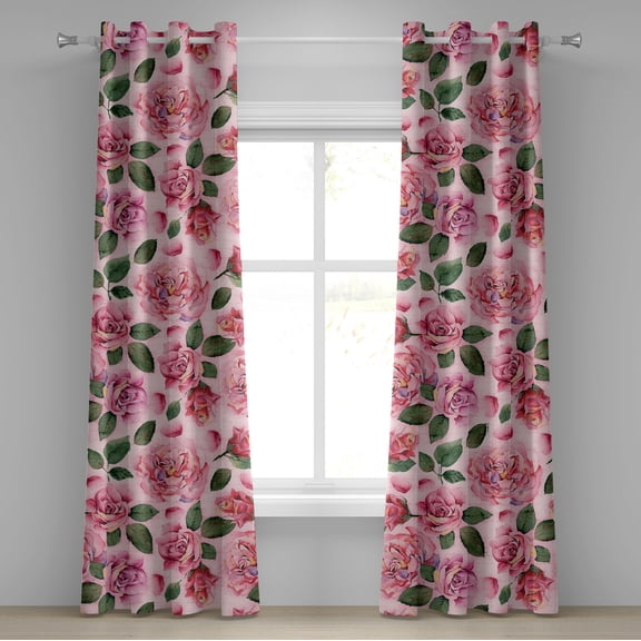 Ambesonne Rose Print Grommet Curtain, Romantic Blooms Print, 50"x108", Jade Green Pastel Pink