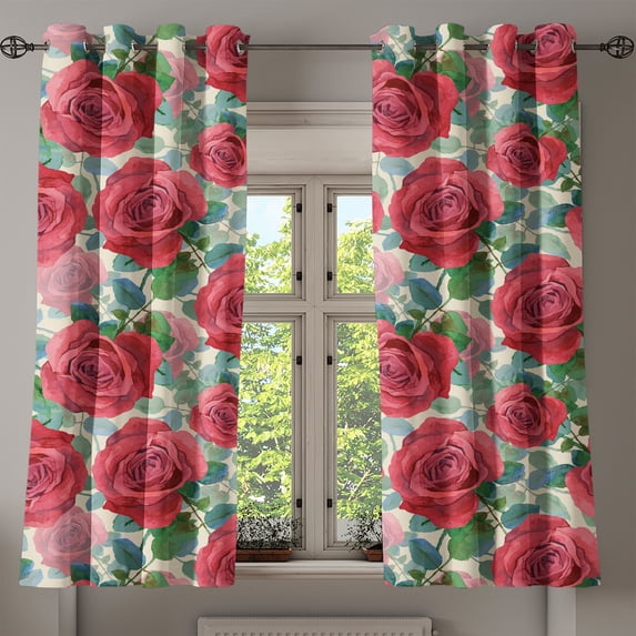 Ambesonne Rose Print Grommet Curtain, Watercolor Floral Boho, 50"x63", Dark Pink Green and Blue