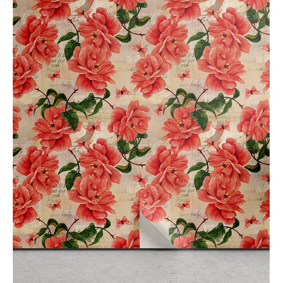 Ambesonne Rose Print Peel & Stick Wallpaper for Home, English Flowers Romantic, 13"x100", Dark Coral Forest Green