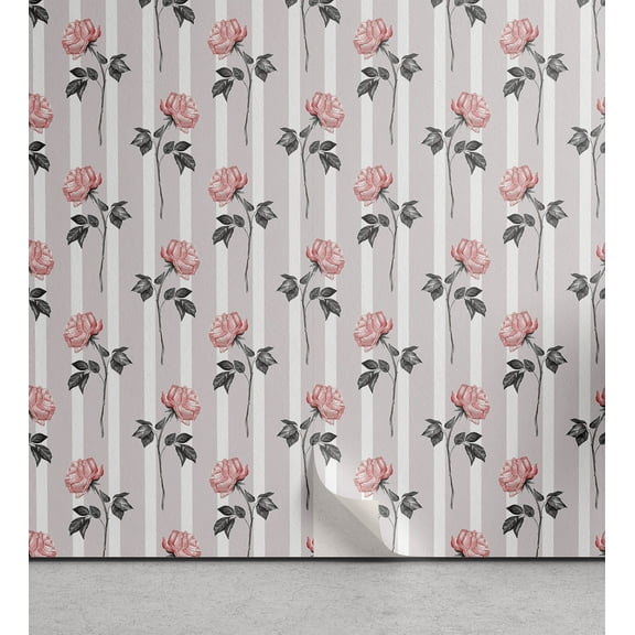 Ambesonne Rose Print Peel & Stick Wallpaper for Home, Romantic Love Flowers, 13"x72", Grey and Pale Pink