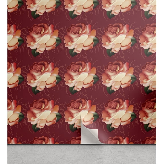 Ambesonne Rose Print Peel & Stick Wallpaper for Home, Salmon Colored Petals, 13"x36", Maroon Peach and Emerald