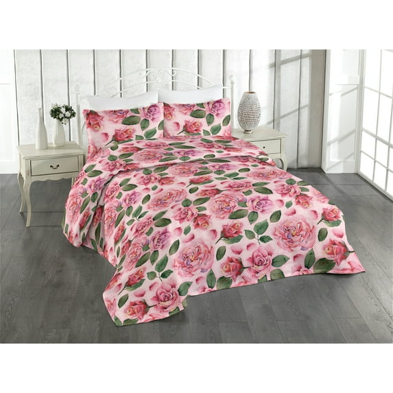 Ambesonne Rose Print Quilted Bedspread Set 3 Pcs, Romantic Blooms Print, Queen, Jade Green Pastel Pink