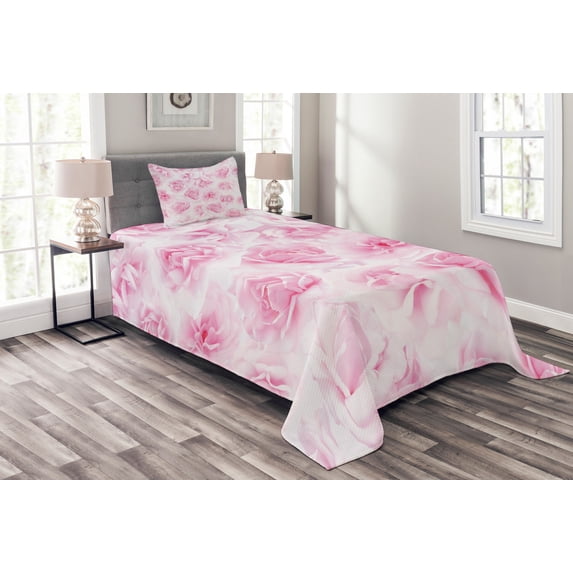 Ambesonne Rose Quilted Bedspread Set 2 Pcs, Floral Garden Victorian, Twin Size, Soft Pink