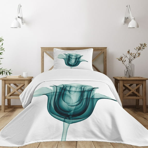 Ambesonne Rose Quilted Bedspread Set 2 Pcs, Flowers Nature, Twin Size, Teal White