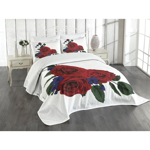 Ambesonne Rose Quilted Bedspread Set 2 Pcs, Red Bloom Gentle Florets, Twin Size, Hunter Green Violet Blue