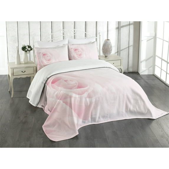 Ambesonne Rose Quilted Bedspread Set 3 Pcs, Close up Pink Flourish, King Size, Pale Pink