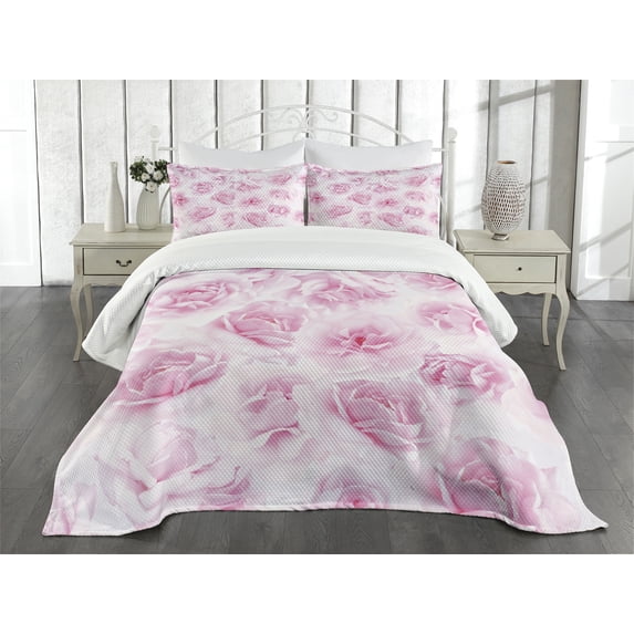 Ambesonne Rose Quilted Bedspread Set 3 Pcs, Floral Garden Victorian, King Size, Soft Pink