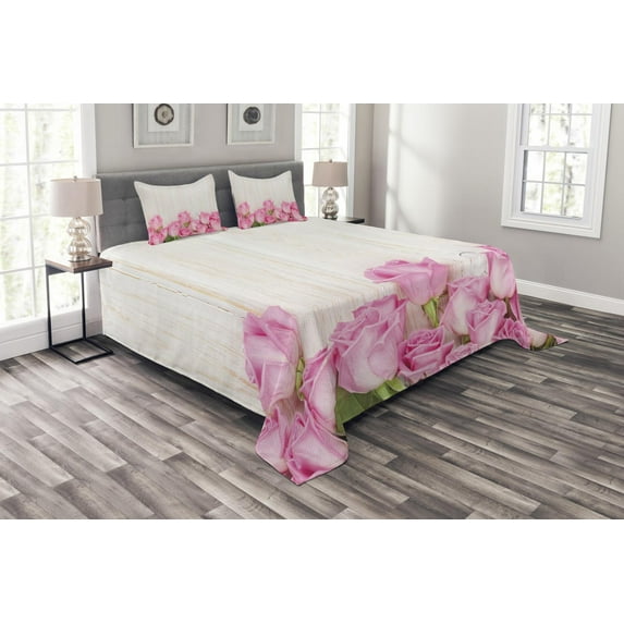 Ambesonne Rose Quilted Bedspread Set 3 Pcs, Flowers on Wood Planks, King Size, Pink Green Cream
