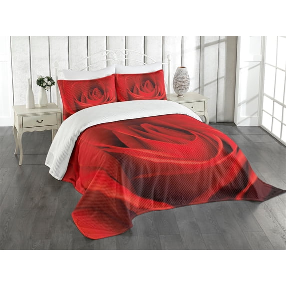 Ambesonne Rose Quilted Bedspread Set 3 Pcs, Natural Beauty Red Blossom, Queen Size, Vermilion