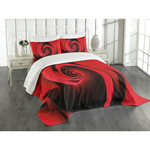 Ambesonne Rose Quilted Bedspread Set 3 Pcs, Swirled Petals Red Blossom, King Size, Vermilion Black