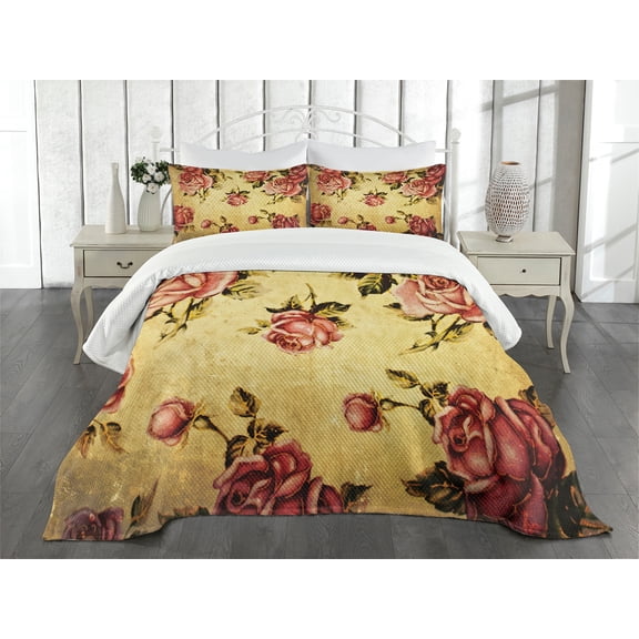 Ambesonne Rose Quilted Bedspread Set 3 Pcs, Victorian Style Pattern, King Size, Cream Pink Green
