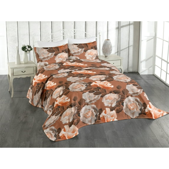 Ambesonne Rose Quilted Coverlet 3 Pcs, Vintage Art Warm Tone Flowers, King Size, Pale Cinnamon and Redwood