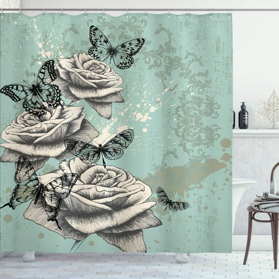 Ambesonne Rose Shower Curtain, Grunge Vintage, 69"Wx70"L, Seafoam Grey Black
