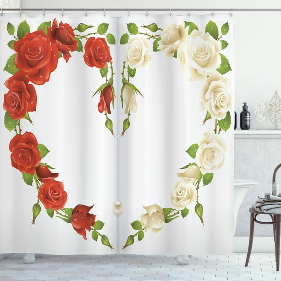 Ambesonne Rose Shower Curtain, Heart Bouquet Romantic, 69"Wx70"L, Red White Green