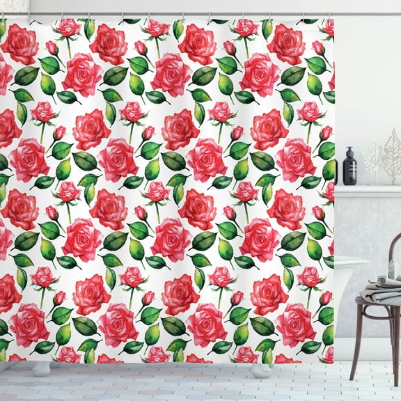 Ambesonne Rose Shower Curtain, Watercolor Fresh Blossoms, 69"Wx75"L, Red Green White