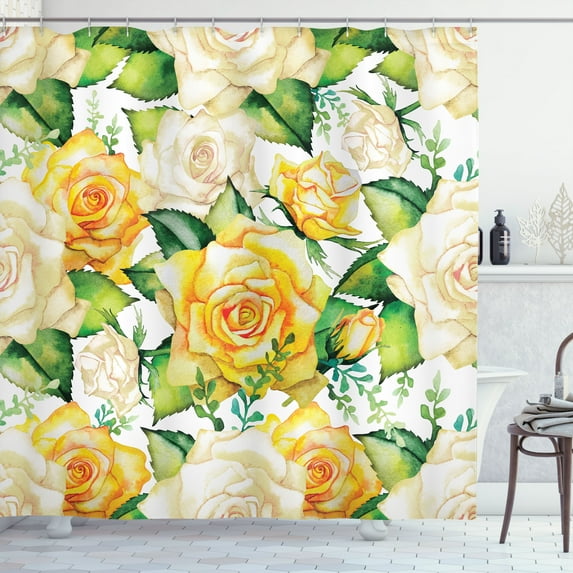 Ambesonne Rose Shower Curtain, Watercolor Wedding Flowers, 69"Wx70"L, Yellow Beige Green