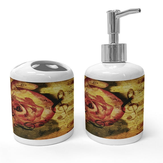 Ambesonne Rose Soap Dispenser & Toothbrush Holder Set, Vintage Piano Keyboard, 2 Pcs, Cream Red