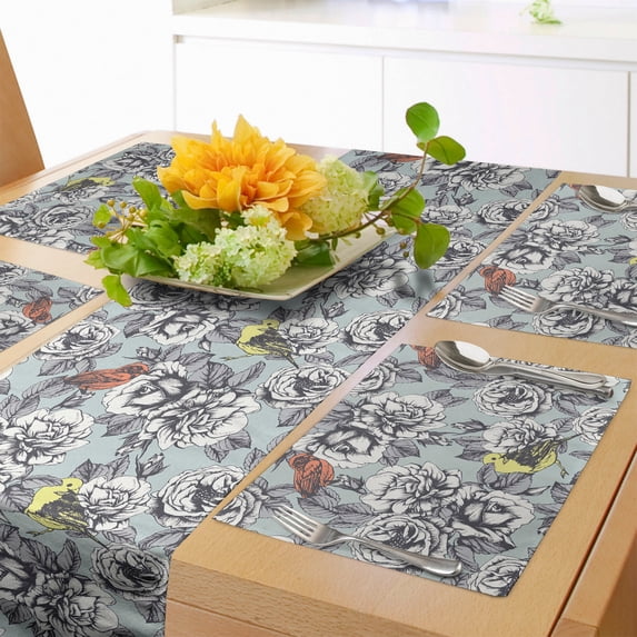 Ambesonne Rose Table Runner & Placemats, Birds Romantic Vintage Floral, Placemat 4 pcs + Runner 14"x90", Blue Grey and Multicolor