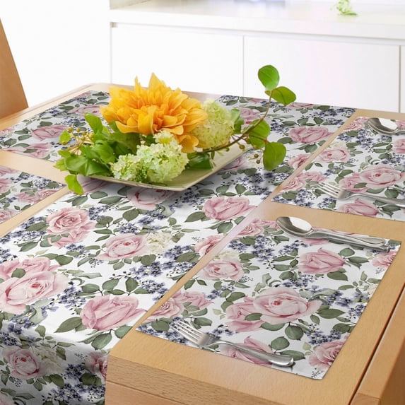 Ambesonne Rose Table Runner & Placemats, Flourishing Pink Flora, Placemat 4 pcs + Runner 16"x90", Pale Pink Green Bluegrey
