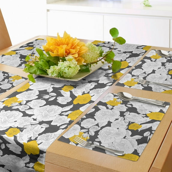 Ambesonne Rose Table Runner & Placemats, Hand Drawn Blossoms, Placemat 4 pcs + Runner 12"x72", Charcoal Grey Yellow