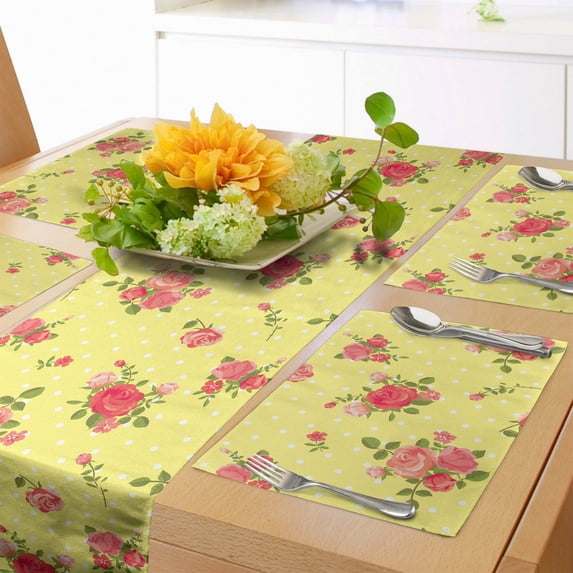 Ambesonne Rose Table Runner & Placemats, Old Fashioned Feminine, Placemat 4 pcs + Runner 14"x72", Yellow Coral Green