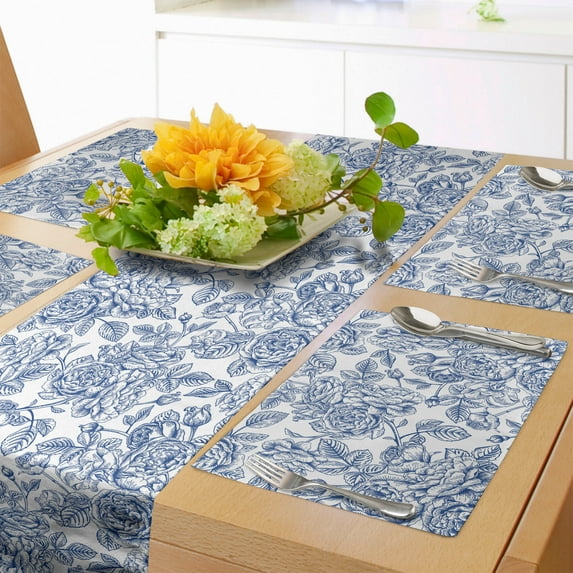 Ambesonne Rose Table Runner & Placemats, Vintage Monochromatic Flower, Placemat 4 pcs + Runner 14"x90", Dark Violet White