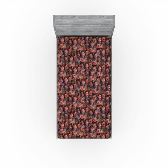 Ambesonne Rose Themed Fitted Sheet, Gothic Jungle Flowers, Twin XL Size, Coral Pale Ruby Eggplant