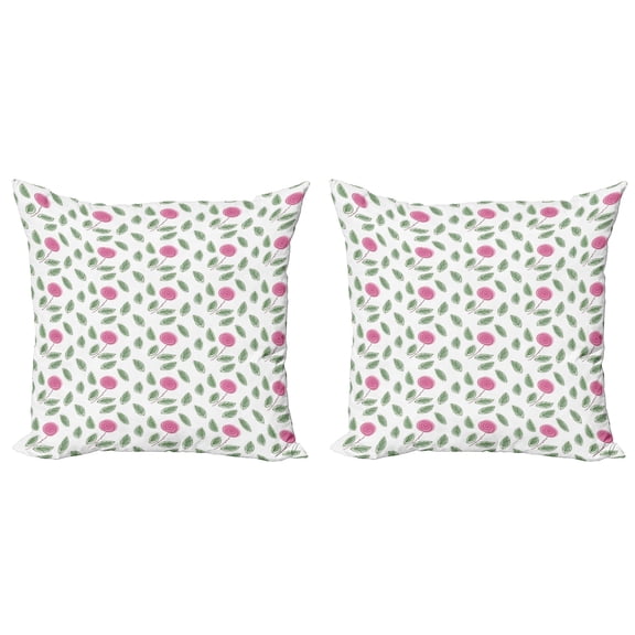 Ambesonne Rose Throw Pillow Cover 2 Pack, Modern Style Pink Blossoms, 20", Pink Reseda Green White