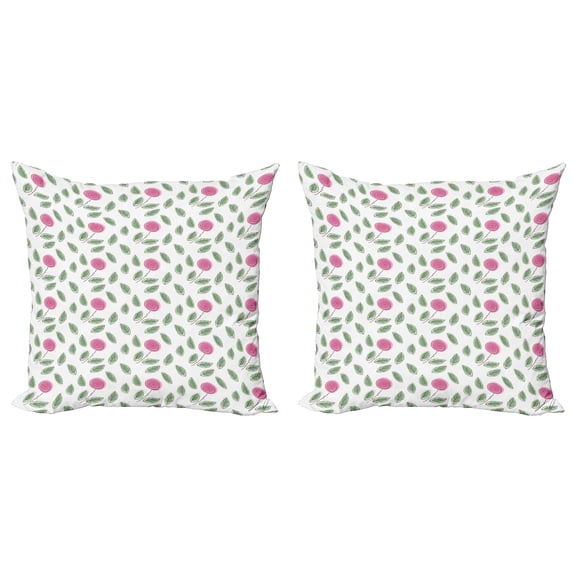 Ambesonne Rose Throw Pillow Cover 2 Pack, Modern Style Pink Blossoms, 24", Pink Reseda Green White