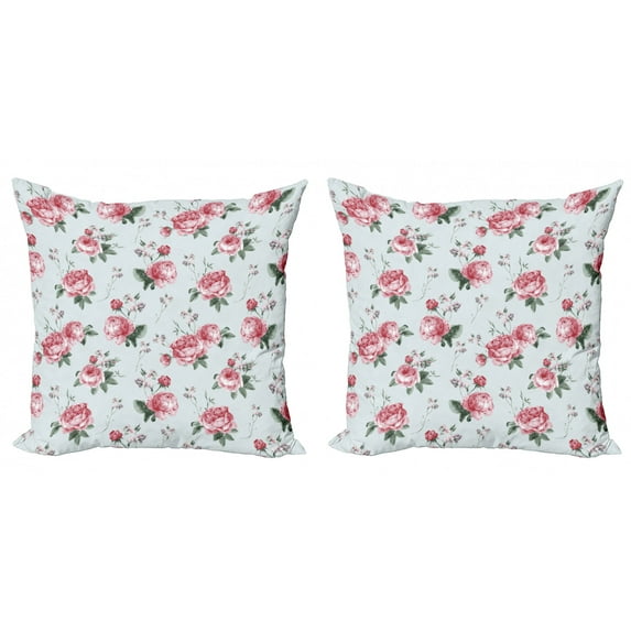 Ambesonne Rose Throw Pillow Cover 2 Pack, Pink Blossom English Flora, 18", Reseda Green Pink