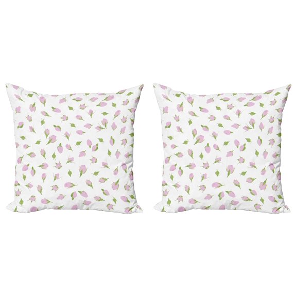 Ambesonne Rose Throw Pillow Cover 2 Pack, Rosebuds Romantic Nostalgic, 18", Fern Green Pale Pink