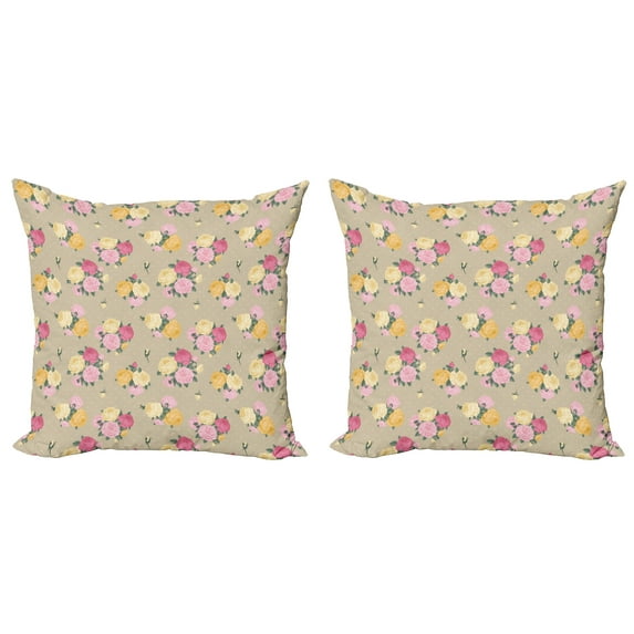 Ambesonne Rose Throw Pillow Cover 2 Pack, Vintage Rose Bunches Dots, 18", Multicolor