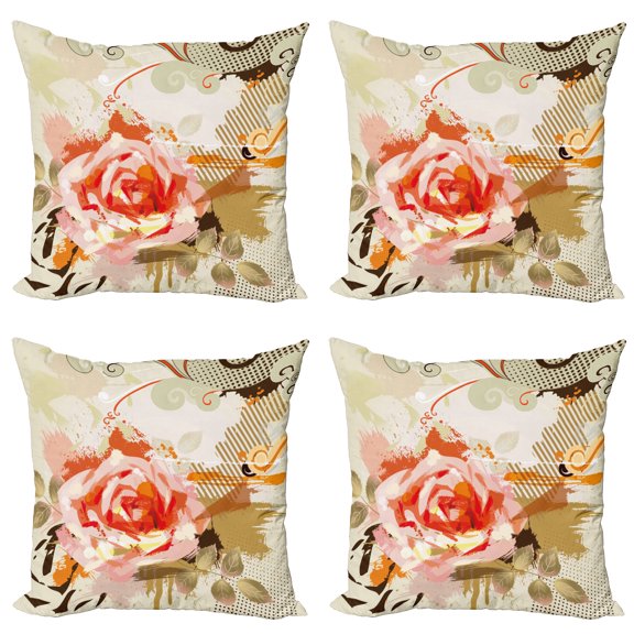 Ambesonne Rose Throw Pillow Cover 4 Pack, Abstract Grunge, 20", Khaki Orange Pink