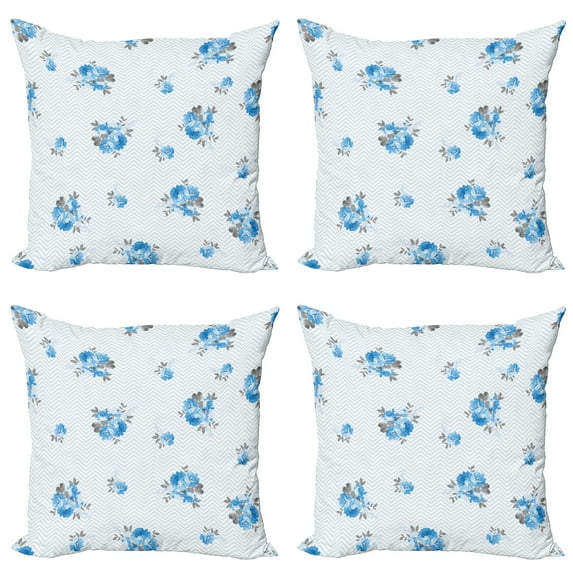 Ambesonne Rose Throw Pillow Cover 4 Pack, Blue Color Romantic Flower, 20", Blue Grey