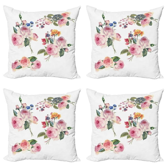 Ambesonne Rose Throw Pillow Cover 4 Pack, English Wild Roses Bouquet, 16", Multicolor