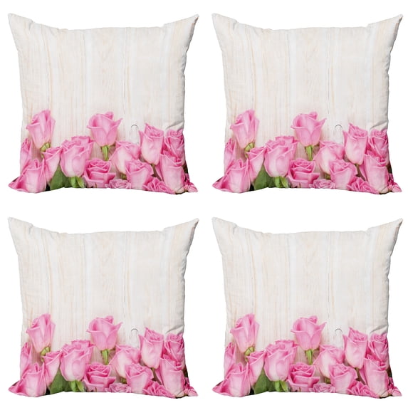 Ambesonne Rose Throw Pillow Cover 4 Pack, Flowers on Wood Planks, 20", Pink Green Cream