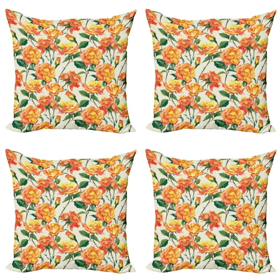 Ambesonne Rose Throw Pillow Cover 4 Pack, Old Bridal Vivid Bouquet, 20", Cream Orange Green