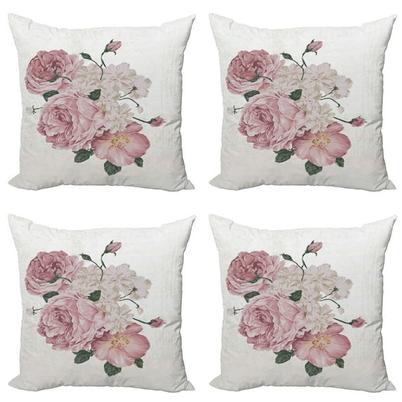 Ambesonne Rose Throw Pillow Cover 4 Pack, Old Roses Corsage Grunge, 16", Beige Rose Green