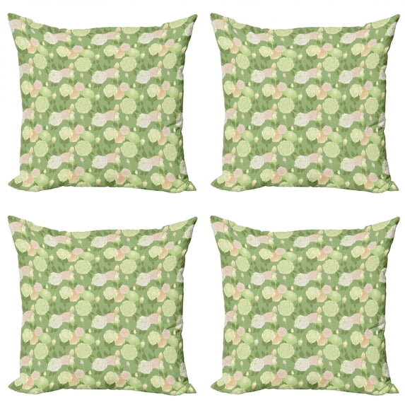 Ambesonne Rose Throw Pillow Cover 4 Pack, Pastel Abstract Blossoms, 16", Pistachio Green White
