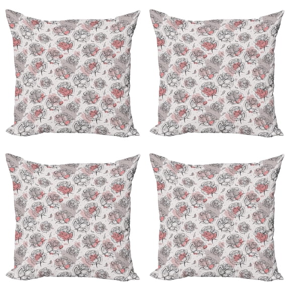 Ambesonne Rose Throw Pillow Cover 4 Pack, Pastel Paint Blots Flowers, 18", Pale Rose Coral Grey