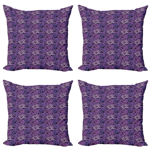 Ambesonne Rose Throw Pillow Cover 4 Pack, Romantic Bouquet Pattern, 20", Purple and Lavender