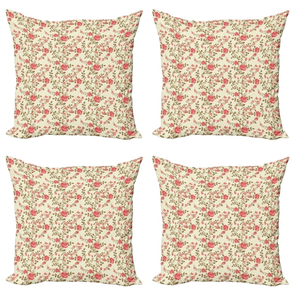 Ambesonne Rose Throw Pillow Cover 4 Pack, Rustic Floral Classical, 24", Pale Yellow Dark Coral