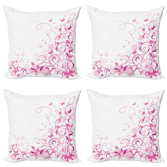 Ambesonne Rose Throw Pillow Cover 4 Pack, Swirls Butterflies Leaves, 20", Rose Pink and Magenta