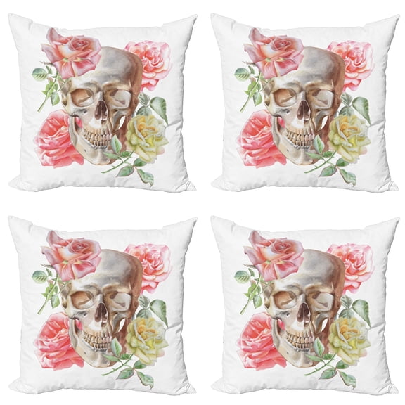 Ambesonne Rose Throw Pillow Cover 4 Pack, Tender Bloom Skull, 18", Multicolor