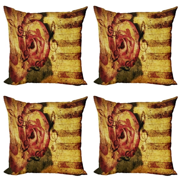 Ambesonne Rose Throw Pillow Cover 4 Pack, Vintage Piano Keyboard, 20", Cream Red