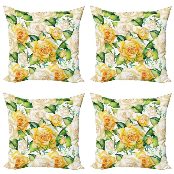 Ambesonne Rose Throw Pillow Cover 4 Pack, Watercolor Wedding Flowers, 16", Yellow Beige Green