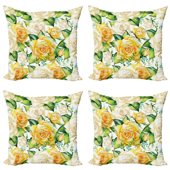 Ambesonne Rose Throw Pillow Cover 4 Pack, Watercolor Wedding Flowers, 16", Yellow Beige Green